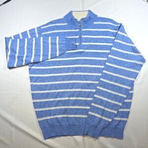 Peter Millar Crown Merino Wool/Linen Mens Large Blue White Striped Quarter Zip